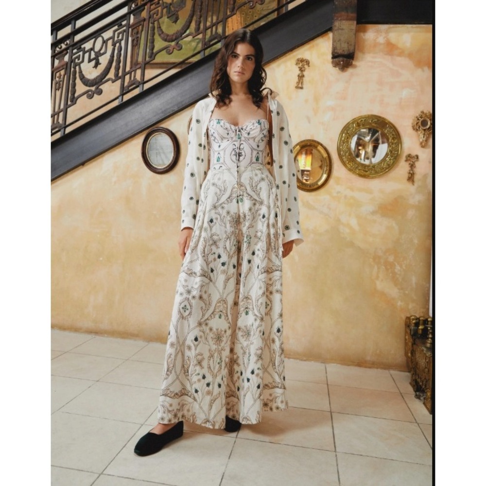 Agua by Agua Bendita Marea Alhaja Linen Wide Leg Pants White Floral Small NWT